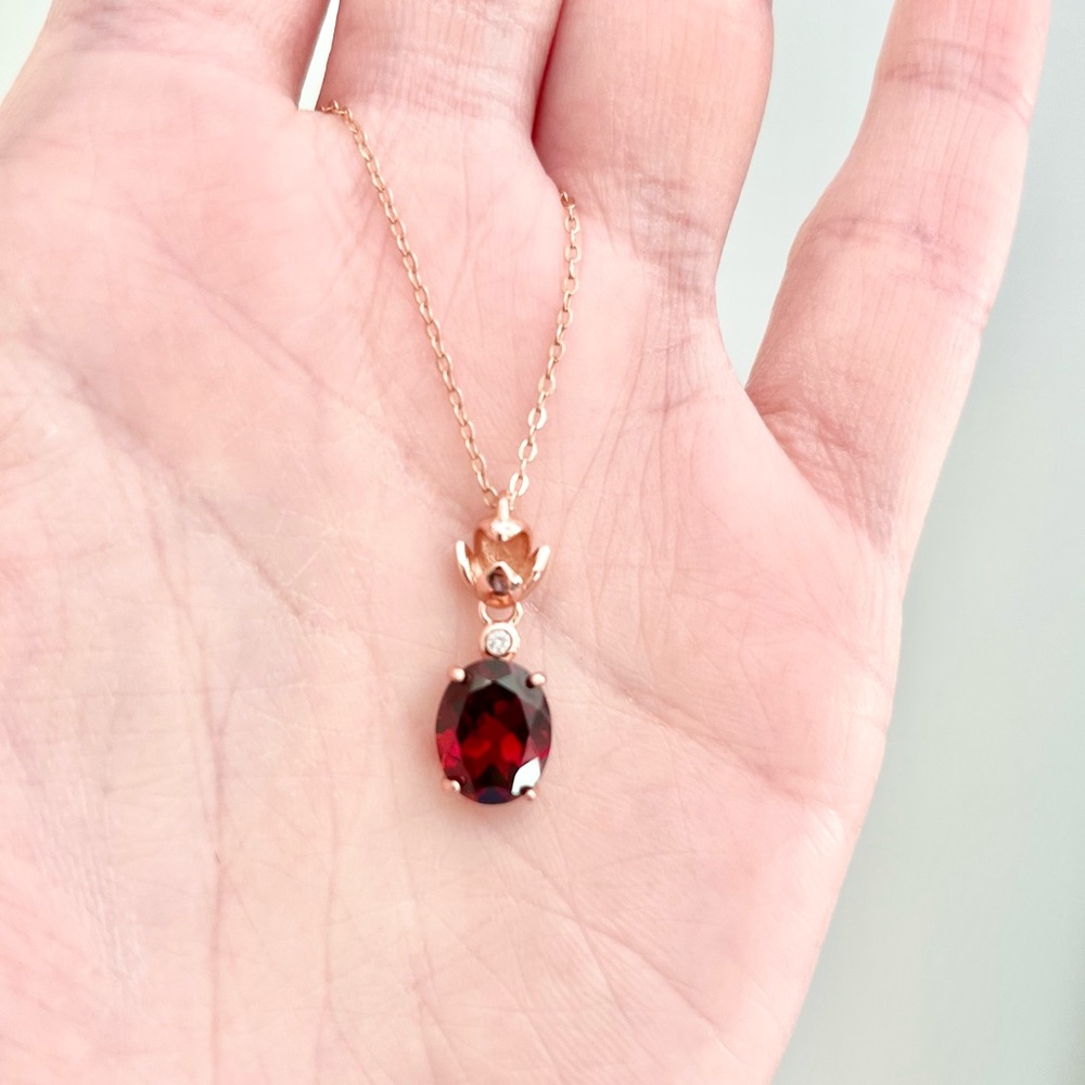 Authentic Red Garnet Rose Gold Necklace with Inlaid Moissanite